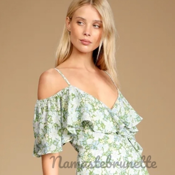Nwt Lulu's S Green Floral Print Cold Shoulder Wrap Dress - Picture 8 of 14